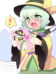 ! 1girl black_hat blouse blush book book_stack bow collared_shirt constricted_pupils convention cowboy_shot crowd d: dot_nose embarrassed eyeball frilled_shirt_collar frilled_sleeves frills furrowed_brow green_eyes green_pupils green_skirt hair_between_eyes hands_up hat hat_bow heart holding holding_manga komeiji_koishi light_green_hair long_sleeves looking_down manga_(object) meta nose_blush open_mouth polpol pornography shirt short_hair skirt solo surprised sweat third_eye touhou wavy_hair wavy_mouth white_background wide_sleeves yellow_bow yellow_shirt