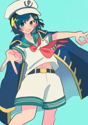 1girl absurdres anchor_symbol belt belt_buckle black_belt black_coat black_hair blue_background blush booonyanyanya buckle coat coat_on_shoulders collared_shirt feet_out_of_frame green_eyes hat highres midriff_peek murasa_minamitsu neckerchief open_mouth red_neckerchief sailor_hat shirt short_hair short_sleeves shorts simple_background solo touhou v white_hat white_shirt white_shorts