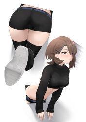 1girl alice_gunlock ass blush crop_top fav_faris glory_wall highres midriff original restrained short_shorts shorts solo stuck thighhighs thighs through_wall