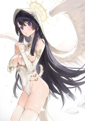 1girl angel_wings bare_shoulders black_hair breast_curtains breasts cleavage covered_navel detached_sleeves feathered_wings feathers halo hands_up highleg highleg_leotard highres hu_kotora large_breasts leotard long_hair long_sleeves looking_at_viewer open_mouth original own_hands_clasped own_hands_together purple_eyes skindentation solo standing thighhighs thighs veil very_long_hair white_leotard white_thighhighs white_veil wings