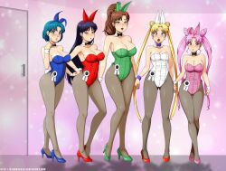 5girls :o absurdres aged_up angry animal_ears armpits award_ribbon bare_shoulders bishoujo_senshi_sailor_moon black_bow black_bowtie black_hair blonde_hair blue_eyes blue_footwear blue_hair blue_leotard blush bow bowtie breasts brown_hair chibi_usa cleavage commentary commentary_typo commission commissioner_upload cone_hair_bun crescent crescent_earrings detached_collar deviantart_username double_bun earrings english_commentary fake_animal_ears flower_earrings gluteal_fold green_eyes green_footwear green_leotard hair_bobbles hair_bun hair_ornament hairband high_heels highres hino_rei holding_hands jewelry kino_makoto large_breasts leotard lips long_hair looking_at_viewer makeup medium_breasts medium_hair mizuno_ami multiple_girls orange_leotard orange_shoes pale_skin pantyhose parted_bangs pink_hair pink_leotard pink_shoes playboy_bunny ponytail purple_bow purple_bowtie purple_eyes rabbit_ears red_bow red_eyes red_footwear red_leotard shame shoes short_hair sidelocks standing star_(symbol) star_earrings stormfeder strapless strapless_leotard stud_earrings swept_bangs thighs tsukino_usagi twintails very_long_hair watermark web_address white_leotard wrist_cuffs