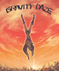 1girl black_leotard black_scarf blonde_hair cityscape copyright_name covered_mouth dark-skinned_female dark_skin detached_sleeves full_body gravity_daze high_heels kitten_(gravity_daze) leotard red_eyes red_sky scarf sky solo sunset upside-down yuza