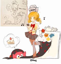 blonde_hair charlotte_(madoka_magica) cup doodle_inset drill_hair food_packaging highres llbzqsj mahou_shoujo_madoka_magica mitakihara_school_uniform school_uniform teacup teapot tomoe_mami twin_drills yellow_eyes