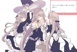 3girls blush brown_hair genshou_ex herta_(honkai:_star_rail) highres honkai:_star_rail honkai_(series) long_hair looking_at_viewer multiple_girls purple_eyes simple_background sketch the_herta_(honkai:_star_rail) white_background