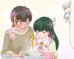 Rule 34 | 2boys, 2girls, apron, blush, food, hanamutsuki, hibiki ryouga, multiple boys, multiple girls, ranma 1/2, saotome ranma, soup, tendou akane, unryuu akari