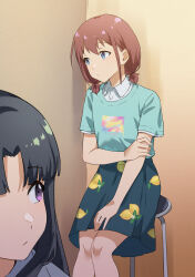 2girls absurdres awa_subaru black_hair blue_shirt blue_skirt brown_hair closed_mouth commentary english_commentary food_print fruit_print girls_band_cry highres iseri_nina lemon_print long_hair low_twintails multiple_girls parted_bangs purple_eyes shirt short_hair short_twintails sitting skirt summer_left twintails white_shirt