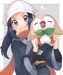 Rule 34 | 1girl, = =, akari (pokemon), black hair, black sash, black shirt, blush, commentary request, eyelashes, galaxy expedition team survey corps uniform, gen 7 pokemon, grey eyes, grey jacket, grin, hands up, headscarf, highres, holding, holding pokemon, jacket, long hair, looking at viewer, nintendo, orange scarf, pokemon, pokemon (creature), pokemon legends: arceus, ponytail, ririmon, rowlet, sash, scarf, shirt, sidelocks, signature, smile, sparkle, teeth, upper body, white headscarf