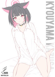 1girl absurdres animal_ears arms_behind_back bare_legs barefoot bed_sheet black_choker black_hair blue_archive blunt_bangs blunt_ends bob_cut bright_pupils buttons cat_choker cat_ears cat_girl character_name choker collarbone collared_shirt colored_inner_animal_ears colored_inner_hair commentary dutch_angle english_commentary extra_ears eyelashes hair_behind_ear halo highres kazusa_(blue_archive) knees_out_of_frame long_sleeves looking_at_viewer multicolored_hair naked_shirt on_bed oversized_clothes oversized_shirt pink_hair pink_halo realen red_eyes shirt short_hair signature simple_background sitting soles solo straight_hair toes twitter_username two-tone_hair wariza white_background