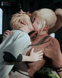 1boy 1girl 3d age_difference apron blender_(medium) blonde_hair breasts claudia_strife cloud_strife final_fantasy final_fantasy_vii final_fantasy_vii_remake french_kiss grabbing_another&#039;s_breast groping height_difference hetero hidden_eyes hidden_face highres incest kiss kudarizaka large_breasts mature_female mother_and_child mother_and_son older_woman_and_younger_man ponytail short_hair