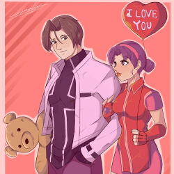 asamiya_athena ballon balloon bear brown_hair charlyarts fingerless_gloves gloves hair_ornament heart heart_balloon highres idol jacket kusanagi_kyou psycho_soldier purple_eyes purple_hair snk star_(symbol) star_hair_ornament stuffed_animal stuffed_toy teddy_bear the_king_of_fighters the_king_of_fighters_2000 valentine&#039;s white_jacket