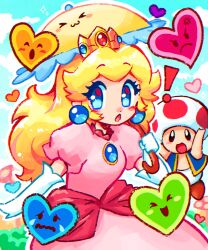 ! &gt;_&lt; 1boy 1girl :3 :d :o anger_vein blue_shirt blush breasts brown_shoes cloud commentary dress elbow_gloves english_commentary frown gloves heart highres holding holding_umbrella latteswiirl looking_to_the_side mario_(series) mushroom nintendo open_mouth pants pink_dress princess_peach shirt shoes sky small_breasts smile sparkle spoken_exclamation_mark super_princess_peach surprised teardrop toad_(mario) umbrella white_gloves white_pants