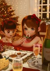 2girls absurdres alcohol alkemanubis antlers bare_shoulders bell blue_eyes blush bow brown_eyes brown_hair candy candy_cane champagne champagne_bottle champagne_flute cheese child choker christmas christmas_lights christmas_ornaments christmas_tree commentary cup curtains dog drink drinking_glass eating english_commentary fake_antlers food glass hair_bow hairband highres holly horns indoors jingle_bell long_hair looking_at_viewer multiple_girls neck_bell open_mouth original plate red_bow red_choker red_hairband reindeer_antlers sleeveless star_(symbol) table twintails window thumbnail