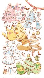 :3 :d ^_^ alolan_form alolan_vulpix artist_name blue_eyes blush bow box budew christmas christmas_ornaments christmas_tree closed_eyes closed_mouth commentary_request creatures_(company) eevee game_freak gen_1_pokemon gen_4_pokemon gen_6_pokemon gen_7_pokemon gen_8_pokemon gift gift_box highres holly looking_at_viewer nintendo no_humans o_o open_mouth pikachu pokemon pokemon_(creature) red_bow red_ribbon ribbon sack simple_background smile smoliv snom snowflakes solid_oval_eyes sparkle star_(symbol) sylveon temariame14 twitter_username wavy_mouth white_background
