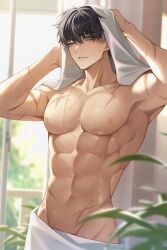 1boy abs absurdres armpits arms_up black_hair blue_eyes earrings genshin_impact grey_hair hair_between_eyes highres jewelry male_focus multicolored_hair muscular muscular_male navel nipples one_eye_closed scar scar_on_arm scar_on_chest scar_on_neck scar_on_stomach solcha solo stomach streaked_hair teeth topless_male towel towel_on_head wet wriothesley_(genshin_impact)
