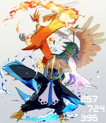 blaziken blue_eyes claws closed_mouth colored_sclera commentary_request creatures_(company) decidueye empoleon fire furry game_freak gen_3_pokemon gen_4_pokemon gen_7_pokemon grey_background highres leaf nintendo open_mouth pokedex_number pokemon pokemon_(creature) standing tongue water yellow_sclera ytot_335