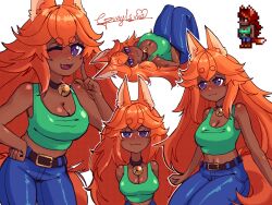1girl :3 ;d animal_ear_fluff animal_ears arms_behind_back artist_name bell belt black_eyes blue_pants blush boots breasts bright_pupils brown_boots cleavage collar dark-skinned_female dark_skin fang fox fox_ears fox_girl fox_tail green_shirt green_tank_top greyl1me hand_on_own_cheek hand_on_own_face hand_on_own_hip long_hair looking_afar looking_ahead looking_at_viewer lying multiple_views official_art_inset on_back one_eye_closed open_mouth orange_hair pants purple_eyes shirt smile smirk tail tank_top terraria white_pupils zoologist_(terraria)