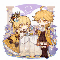 1boy 1girl aether_(genshin_impact) ahoge ascot ayiiiyiii blonde_hair boots bow braid brother_and_sister brown_bow brown_shorts chibi coat crown cup dress food genshin_impact hair_bow highres long_hair lumine_(genshin_impact) macaron mini_crown pout shorts siblings single_braid teacup white_ascot yellow_coat yellow_dress yellow_eyes