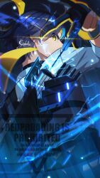 1boy arrow_(projectile) asaba_harumasa black_hair from_behind headband highres holding holding_arrow lightning looking_back male_focus quiver shirt short_hair white_shirt yellow_eyes yellow_headband yodaka002 zenless_zone_zero