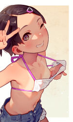 1boy 1girl bikini bikini_tan blue_shorts breasts denim denim_shorts hair_ornament hairclip halterneck highres loli looking_at_viewer muk_(monsieur) navel one_eye_closed open_mouth original penis penis_under_another&#039;s_clothes purple_eyes sana_(tiny_evil) short_hair short_shorts shorts small_breasts solo_focus swimsuit tan tanline teeth textless_version tiny_evil variant_set white_bikini