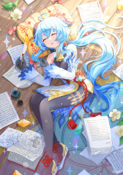 1girl ^_^ ahoge bell black_bodysuit black_gloves blue_hair bodysuit book calligraphy_brush closed_eyes commentary_request detached_sleeves flower ganyu_(genshin_impact) genshin_impact gloves goat_horns hair_between_eyes high_heels highres holding holding_calligraphy_brush holding_paintbrush horns indoors inkwell long_hair long_sleeves looking_at_viewer low_ponytail lying neck_bell on_side paintbrush paper parted_lips pillow ponytail qingxin_flower sidelocks sketchbook sleeping solo sunlight vision_(genshin_impact) wide_sleeves wooden_floor yutukicom