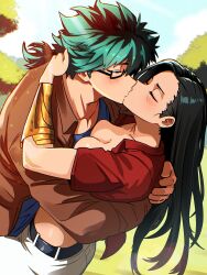 Rule 34 | 1boy, 1girl, absurdres, black hair, boku no hero academia, couple, glasses, green hair, highres, hug, kiss, midoriya izuku, ponytail, round eyewear, vlizz, yaoyorozu momo