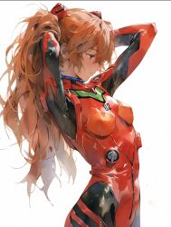 1girl ai-generated arms_behind_head bodysuit breasts from_side half-closed_eyes highres legs long_hair mecha_pilot_suit neon_genesis_evangelion orange_hair plugsuit_(evangelion) small_breasts solo souryuu_asuka_langley thighs third-party_source twintails