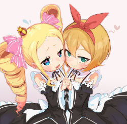2girls :3 absurdres beatrice_(re:zero) blonde_hair blue_eyes blush bow bow_hairband butterfly-shaped_pupils crown drill_hair green_eyes hair_between_eyes hair_ribbon hairband heart highres kinn_(kinn70133) long_hair long_sleeves looking_at_viewer maid mini_crown multiple_girls open_mouth orange_hair petra_leyte re:zero_kara_hajimeru_isekai_seikatsu red_hairband red_ribbon ribbon roswaal_mansion_maid_uniform short_hair sidelocks simple_background spoken_heart symbol-shaped_pupils twin_drills