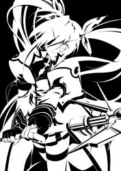 Rule 34 | 00s, 1girl, female focus, fingerless gloves, gloves, greyscale, hinohino, jacket, lyrical nanoha, magazine (weapon), magical girl, mahou shoujo lyrical nanoha, mahou shoujo lyrical nanoha strikers, monochrome, open clothes, open jacket, raising heart, raising heart (exelion mode), solo, takamachi nanoha, takamachi nanoha (aggressor mode), thighhighs, twintails, waist cape, white devil