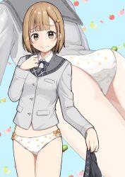 1girl absurdres ass blue_background blunt_ends blush bow bow_panties breasts brown_eyes brown_hair buttons closed_mouth collared_shirt commentary_request commission cowboy_shot crotch_seam dress_shirt embarrassed food-themed_hair_ornament food_print fruit_background fruit_print grey_jacket grey_ribbon grey_sailor_collar grey_skirt hair_ornament hand_up highres holding holding_unworn_clothes holding_unworn_skirt jacket large_variant_set long_sleeves looking_at_viewer medium_hair multiple_views neck_ribbon negimiso1989 no_pants orange_bow orange_hair_ornament original panties pixiv_commission pleated_skirt print_panties raised_inner_eyebrows ribbon sailor_collar school_uniform serafuku shirt skirt small_breasts standing underwear unworn_skirt variant_set white_panties white_shirt zoom_layer