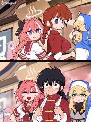 2girls 3boys absurdres astolfo_(fate) astolfo_(sailor_paladin)_(fate) bathhouse black_eyes black_hair blonde_hair blush bocchi_the_rock! bongfill breasts bridget_(guilty_gear) crossover fate/apocrypha fate/grand_order fate_(series) gotoh_hitori guilty_gear guilty_gear_strive highres hood hoodie implied_transformation large_breasts multiple_boys multiple_crossover multiple_girls onsen onsen_symbol pink_hair purple_eyes ranma-chan ranma_1/2 red_hair saotome_ranma smile towel