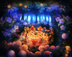 1boy alternate_color apple baby_mario black_yoshi blue_yoshi bob-omb boo_(mario) candle colorful fire flower food forest fruit gift light_blue_yoshi mario mario_(series) melon nature nintendo orange_yoshi outdoors party pink_yoshi purple_yoshi red_yoshi shy_guy sui_(petit_comet) super_mario_world_2:_yoshi&#039;s_island tree white_yoshi wiggler yellow_yoshi yoshi