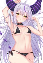 1girl :o absurdres ahoge alternate_costume ana_(vvvvor) armpits bikini black_bikini black_collar black_horns blush braid breasts collar ear_piercing grey_hair highres hololive horns la+_darknesss long_hair looking_at_viewer lying medium_breasts micro_bikini multicolored_hair navel on_back piercing pointy_ears purple_hair side-tie_bikini_bottom solo streaked_hair striped_horns swimsuit tail virtual_youtuber yellow_eyes
