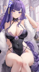 1girl absurdres alternate_costume arm_up bare_legs bare_shoulders black_dress blush braid breasts chair choker cleavage closed_mouth congqian_you_ke_xing covered_erect_nipples covered_navel cross-laced_clothes dated_commentary dress dress_flower earrings easy_chair feather_boa feet_out_of_frame floating_earring flower fur_trim gem genshin_impact hair_flower hair_intakes hair_ornament halter_dress halterneck hand_in_own_hair highleg highleg_dress highres indoors jewelry lace lace_choker large_breasts long_hair looking_at_viewer low-braided_long_hair low-tied_long_hair mole mole_under_eye nail_polish navel neck_ribbon on_chair paid_reward_available pink_flower pink_rose purple_eyes purple_flower purple_gemstone purple_hair purple_nails purple_ribbon raiden_shogun ribbon rose side_slit single_braid sitting skin_tight sleeveless sleeveless_dress smile solo thighs vase very_long_hair window