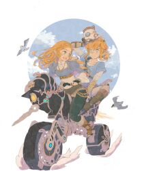 1boy 1girl aogoma belt bicycle bird black_pants blonde_hair blue_shirt blush boots brown_belt brown_pants check_commentary commentary_request fingerless_gloves gloves guardian_(zelda) highres hyrule_warriors:_age_of_calamity link long_hair master_cycle medium_hair nintendo pants pointy_ears ponytail princess_zelda riding riding_bicycle shirt sweatdrop terrako the_legend_of_zelda the_legend_of_zelda:_breath_of_the_wild