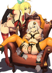 1futa 1girl :p ahoge anal anal_object_insertion antenna_hair arm_up armchair armpits bare_shoulders bent_over black_footwear blonde_hair blue_eyes bra braid breasts breasts_apart butt_plug censored chair cleavage clitoris_piercing cock_ring collarbone commentary_request crotchless crotchless_panties cupless_bra detached_collar detached_sleeves earrings erection futanari green_eyes grey_hair hair_between_eyes hair_ornament hairclip hand_on_own_hip hanging_breasts high_heels highres jewel_butt_plug jewelry kizuna_akari large_breasts lingerie linked_piercing long_hair looking_at_viewer mosaic_censoring nail_polish naughty_face navel_piercing necktie nipple_bells nipple_piercing object_insertion orange_nails panties penis piercing ponytail pussy pussy_piercing red_footwear red_nails red_necktie red_thighhighs sex_toy shoes short_necktie simple_background sitting skindentation smile spread_legs spread_pussy takemura_sessyu thighhighs tongue tongue_out tsurumaki_maki twin_braids underwear urethral_insertion very_long_hair voiceroid white_background wide_spread_legs