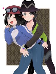 2boys ;d black_hair blue_jacket bracelet calem_(pokemon) closed_mouth commentary_request eyewear_on_headwear grey_eyes hand_up hat heart highres hug hug_from_behind jacket jewelry male_focus multiple_boys nintendo one_eye_closed open_mouth pants paxton_(pokemon) pokemon pokemon_legends:_z-a pokemon_xy red_hat sana_(37pisana) shirt short_hair smile split_mouth sunglasses yaoi