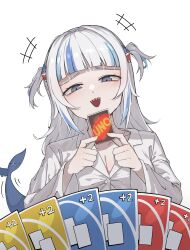 1girl absurdres blue_eyes blue_hair card card_game collarbone fins fish_tail gawr_gura grey_hair hair_ornament highres holding holding_card hololive hololive_english imminent_uno_loss_(meme) iver_(reviolet) long_hair meme multicolored_hair open_mouth shark_girl shark_hair_ornament shark_tail sharp_teeth streaked_hair tail teeth uno_(game) virtual_youtuber