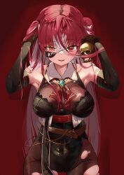 Rule 34 | 1girl, armpits, bandages, black bodystocking, black gloves, black leotard, blush, breasts, colored inner hair, commentary, dokuro-kun (houshou marine), elbow gloves, eyepatch, gloves, grey hair, hair between eyes, hair bun, heterochromia, highres, hololive, houshou marine, houshou marine (marching band), large breasts, leotard, long hair, looking at viewer, multicolored hair, official alternate costume, official alternate hairstyle, parted lips, red background, red eyes, red hair, single side bun, solo, streaked hair, sweatdrop, torn clothes, very long hair, virtual youtuber, yellow eyes, youye youe