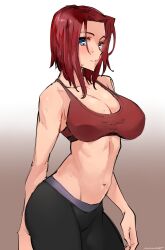 1girl breasts code_geass commission kouzuki_kallen large_breasts pants red_hair short_hair sweat sweatdrop yoga_pants yoo_tenchi
