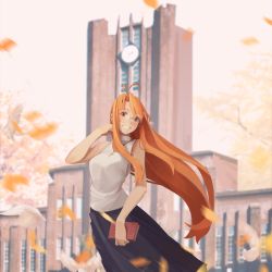 absurdres ahoge antenna_hair autumn_leaves bird blush book breasts brown_eyes building cross cross_necklace dove falling_leaves glasses highres holding holding_book jewelry leaf long_hair long_skirt looking_at_viewer love_hina medium_breasts narusegawa_naru necklace orange_hair round_eyewear shirt skirt sleeveless sleeveless_shirt smile solo sushoartworks white_shirt