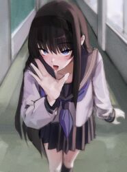 1girl absurdres black_hair black_hairband black_sailor_collar black_skirt blue_eyes blue_neckerchief breasts deko_morii hairband highres kneehighs long_hair long_sleeves looking_at_viewer medium_breasts neckerchief open_mouth pleated_skirt sailor_collar saliva school_uniform shirt skirt socks solo tohno_akiha tongue tongue_out tsukihime white_shirt
