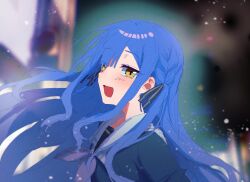 Rule 34 | 1girl, bang dream!, bang dream! it&#039;s mygo!!!!!, birthday1730225, black ribbon, blue hair, blue shirt, blurry, blurry background, commentary, grey neckerchief, hair ribbon, hashtag-only commentary, highres, long hair, neckerchief, open mouth, ribbon, school uniform, shirt, sidelocks, solo, togawa sakiko, tsukinomori school uniform, yellow eyes