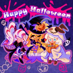 3girls :o ;) ;3 ankle_boots black_bow black_bowtie black_coat black_hat black_shoes blue_background blue_eyes blue_outline blue_tail boots bow bowtie brown_boots bucket candy cape character_request check_character closed_mouth coat commentary cookie_run cookie_run:_kingdom cream_puff_cookie crossed_legs demon_horns demon_tail dress food full_body geruideyundongxie ghost ghost_costume gradient_outline halftone halloween_bucket hand_on_own_cheek hand_on_own_face happy_halloween hat hat_tip highres holding holding_bucket holding_instrument holding_stuffed_toy horns instrument lace-up_boots large_hat long_hair long_sleeves looking_at_viewer mini_hat mini_witch_hat multicolored_hair multicolored_horns multiple_girls no_pupils official_alternate_hair_color official_alternate_hairstyle one_eye_closed open_clothes open_coat open_mouth orange_eyes orange_hair orange_pantyhose outline pantyhose parfait_cookie pink_dress pink_hair pink_outline pompon_(cookie_run) pumpkin_hat_ornament pumpkin_pie_cookie purple_pantyhose red_eyes shoes short_hair simple_background sleeves_past_fingers sleeves_past_wrists smile standing standing_on_one_leg streaked_hair striped_clothes striped_horns striped_pantyhose stuffed_animal stuffed_toy symbol-only_commentary tail top_hat twintails two-sided_cape two-sided_fabric two-tone_hair two-tone_horns two-tone_pantyhose white_hair wide_sleeves witch_hat wrapped_candy