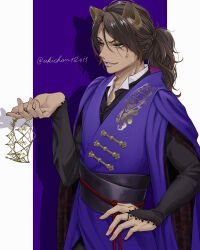 Rule 34 | 1boy, absurdres, animal ears, bridal gauntlets, brown hair, commentary request, cosplay, cowboy shot, green eyes, hand on own hip, headpiece, highres, leona kingscholar, lion boy, lion ears, long hair, looking to the side, male focus, ponytail, purple background, scar, scar across eye, scar on face, solo, twisted wonderland, ukichan12011, vil schoenheit, vil schoenheit (cosplay)