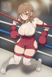 Rule 34 | 1girl, against railing, boxing gloves, boxing ring, boxing shorts, breasts, cleavage, clenched teeth, commentary, commission, difman, english commentary, eyelashes, frown, highres, hip vent, knees together feet apart, large breasts, looking at viewer, medium hair, original, railing, red eyes, shorts, signature, solo, sweat, teeth, thighhighs