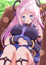 1girl bare_shoulders black_leotard blue_eyes blush box braid breasts citlali_(genshin_impact) colored_eyelashes commentary_request facial_mark feet_out_of_frame forehead_mark genshin_impact grass highres in_box in_container knees_up large_breasts leotard long_hair looking_at_viewer open_mouth own_hands_together parted_bangs pink_hair solo very_long_hair xenon_(for_achieve)