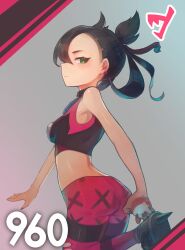 1girl artistic_error ass black_hair black_nails bongnom breasts bright_pupils card_(medium) closed_mouth commentary_request cowboy_shot crop_top earrings green_eyes hair_between_eyes highres holding holding_poke_ball jewelry long_hair looking_at_viewer marnie_(pokemon) midriff nail_polish nintendo pants pink_pants poke_ball pokemon pokemon_swsh profile shoes small_breasts smile solo spiked_shoes spikes standing standing_on_one_leg twintails twisted_torso white_pupils wrong_hand