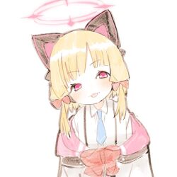 1girl animal_ear_headphones animal_ears blonde_hair blue_archive blue_necktie bow bowtie cat_ear_headphones collared_shirt fake_animal_ears hair_bow halo headphones hood hooded_jacket jacket looking_at_viewer low_twintails momoi_(blue_archive) necktie pink_eyes pink_halo red_bow red_bowtie shinbashi_seiji shirt short_hair simple_background sketch smile solo tongue tongue_out twintails upper_body white_background white_jacket white_shirt