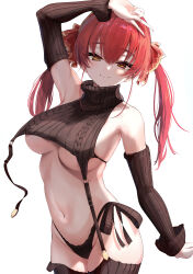 1girl absurdres alternate_costume aran_legwear bare_shoulders black_garter_straps black_panties black_sleeves black_sweater black_thighhighs blush breasts cleavage cropped_sweater detached_sleeves fang garter_straps hair_between_eyes hair_ribbon heterochromia highres hololive houshou_marine large_breasts long_hair looking_at_viewer meme_attire navel panties puripuri red_eyes red_hair red_ribbon ribbed_panties ribbed_sleeves ribbed_sweater ribbed_thighhighs ribbon side-tie_panties sideboob sleeveless sleeveless_sweater sleeveless_turtleneck solo stomach sweater tears thighhighs turtleneck turtleneck_sweater twintails underboob underwear virgin_destroyer_sweater virtual_youtuber yellow_eyes