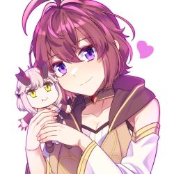 Rule 34 | 1girl, ahoge, breasts, character doll, choker, cleavage, collarbone, color-les, commentary, doll, english commentary, fingernails, heart, highres, holding, holding doll, implied yuri, looking at viewer, mage and demon queen, malori crowett, pale skin, pink hair, purple eyes, short hair, smile, solo, split mouth, velverosa, wide sleeves